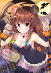  ahoge animal_ears animal_print bandages bare_shoulders bat_print bear_ears bear_print bear_tail blue_ribbon blurry blurry_background braid breasts brown_eyes brown_hair building candy candy_hair_ornament cleavage closed_mouth commentary dated food food_themed_hair_ornament green_ribbon hair_ornament hair_ribbon halloween happy_halloween heart highres huge_ahoge kantai_collection ko_yu kuma_(kantai_collection) leotard long_hair looking_at_viewer moon ribbon solo star tail thighhighs tongue tongue_out 