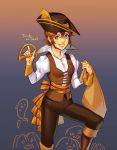  bandana belt boots brown_hair halloween hat hat_feather jewelry looking_at_viewer mella necklace octopath_traveler orange_hat pirate pirate_hat short_hair simple_background smile solo sword tressa_(octopath_traveler) tricorne weapon 