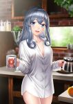  blue_eyes blue_hair blush breasts coffee coffee_mug coffee_pot commentary_request cup dress_shirt enemy_lifebuoy_(kantai_collection) gotland_(kantai_collection) hair_between_eyes kantai_collection kitchen kyon_(fuuran) long_hair long_sleeves looking_at_viewer medium_breasts mole mole_under_eye mug naked_shirt no_bra no_pants shirt solo white_shirt window 