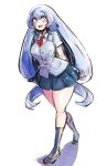  1girl blue_eyes blue_hair blush boku_no_hero_academia breasts eyebrows_visible_through_hair full_body genkillua hadou_nejire large_breasts long_hair looking_at_viewer open_mouth pleated_skirt school_uniform shoes short_sleeves simple_background skirt smile socks solo standing thick_thighs thighs very_long_hair white_background 