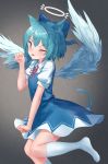  ;p alternate_wings angel_wings animal_ears bangs blue_bow blue_dress blue_eyes blue_hair bow breasts cat_ears cat_tail cirno clenched_hand commentary_request dress eyebrows_visible_through_hair feet_out_of_frame grey_background hair_between_eyes hair_bow halo hand_up highres kemonomimi_mode kneehighs leg_up looking_at_viewer neck_ribbon no_shoes one_eye_closed paw_pose pinafore_dress puffy_short_sleeves puffy_sleeves red_neckwear red_ribbon ribbon roke_(taikodon) shirt short_hair short_sleeves small_breasts smile solo tail thighs tongue tongue_out touhou white_shirt white_wings wings 