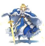  armor armored_boots armored_dress artoria_pendragon_(all) bad_id bad_pixiv_id blonde_hair blue_cape blue_dress blue_ribbon boots cape crown ddaomphyo dress excalibur fate/stay_night fate_(series) faulds floating_hair full_body fur_trim gauntlets green_eyes hair_between_eyes hair_ribbon hand_on_hilt highres looking_at_viewer ribbon saber short_hair simple_background solo standing sword weapon white_background 