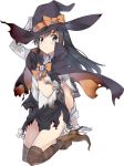  asashio_(kantai_collection) black_cape black_hair black_legwear blue_eyes bow cape cropped_legs dress full_body gloves grey_dress halloween hat kantai_collection konishi_(koconatu) long_hair official_art orange_bow pinafore_dress pleated_dress remodel_(kantai_collection) shirt solo source_request staff thighhighs torn_clothes transparent_background white_gloves white_shirt witch_hat 