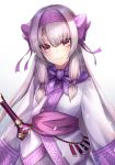  ainu_clothes bangs blush bow closed_mouth commentary_request eyebrows_visible_through_hair fate/grand_order fate_(series) gradient gradient_background grey_background hair_between_eyes hair_bow hairband head_tilt illyasviel_von_einzbern light_brown_hair long_hair long_sleeves pink_hairband purple_bow red_eyes sidelocks sitonai smile solo sword upper_body very_long_hair weapon white_background wide_sleeves yukihama 