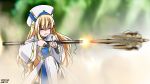  blonde_hair closed_eyes commentary_request dress goblin_slayer! hat holding holding_weapon long_hair panzerfaust priestess_(goblin_slayer!) rocket_launcher rpg solo thighhighs weapon white_dress white_hat white_legwear yamaguchi_yuu 