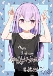  1girl :o absurdres artist_name bangs black_shirt blush clothes_writing collarbone commentary double_w english_commentary garin hands_up happy_birthday highres lavender_hair long_hair original parted_lips pink_eyes pointy_ears sanpaku shirt shirt_tucked_in short_sleeves sidelocks solo tareme translation_request upper_body w 
