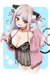  :d animal animal_ears animal_on_shoulder babydoll bare_shoulders black_panties blue_background blush breasts cat_ears cat_girl cat_tail collarbone commentary_request eyebrows_visible_through_hair facial_mark green_eyes hair_ribbon highres kirikirimai_(kkm) large_breasts lavender_hair lingerie long_hair looking_at_viewer looking_to_the_side navel open_mouth original panties paw_background paw_pose ribbon see-through smile solo stomach tail thighs two_side_up underwear wavy_hair 