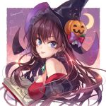  ahoge bangs bare_shoulders black_gloves blue_eyes blush book border bow breasts brown_hair commentary_request crescent_moon dress gloves hagiwara_rin hair_between_eyes halloween halloween_costume hat ichinose_shiki idolmaster idolmaster_cinderella_girls jack-o'-lantern_ornament jewelry long_hair looking_at_viewer looking_to_the_side medium_breasts moon open_book pendant puffy_sleeves red_dress smile solo star starry_background tongue tongue_out white_border witch witch_hat 