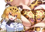  animal_ears animal_print ass black_neckwear bow bowtie breast_pocket breasts brown_eyes brown_hair closed_mouth commentary_request elbow_gloves fangs fur_scarf gloves hands_up impossible_clothes impossible_shirt impossible_underwear jaguar_(kemono_friends) jaguar_ears jaguar_print jaguar_tail kemono_friends light_brown_hair looking_at_viewer medium_hair multicolored_hair nananana_nanana panties pocket print_gloves print_legwear print_neckwear print_panties scarf shirt short_sleeves skindentation smile solo tail thighhighs tsurime underwear white_shirt 