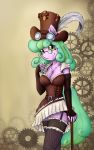  anthro armwear breasts cane cleavage clothed clothing curly_hair elbow_gloves fan_character feathers female gloves hair hat hi_res legwear my_little_pony shamziwhite smile standing steampunk stockings 