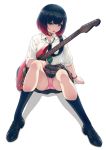  40hara arm_support bangs black_footwear black_hair bob_cut check_commentary choker commentary commentary_request dress_shirt electric_guitar eyebrows_visible_through_hair guitar highres instrument iya_na_kao_sare_nagara_kozukuri_sasete_moraitai kneehighs loafers long_sleeves looking_at_viewer multicolored_hair necktie open_mouth panties pantyshot pantyshot_(sitting) pink_hair pink_panties plaid plaid_skirt pleated_skirt purple_eyes red_hair school_uniform shirt shoes short_hair simple_background sitting skirt solo spread_legs two-tone_hair underwear white_background white_shirt 