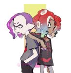  arm_rest collarbone dark_skin dark_skinned_male facial_hair fang goatee hands_in_pockets ikkan_(splatoon) looking_at_another looking_at_viewer male_focus multiple_boys octarian open_mouth pointy_ears purple_hair red_eyes red_hair sami_briggs shirt skeleton_print skinny smile splatoon_(series) splatoon_2 t-shirt tentacle_hair tentacle_piercing twitter_username warabi_(splatoon) 