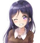  bangs blue_hair blush brown_shirt collarbone collared_shirt commentary_request eyebrows_behind_hair eyebrows_visible_through_hair grin hair_down long_hair looking_at_viewer love_live! love_live!_sunshine!! matsuura_kanan one_eye_closed purple_eyes shirt simple_background sin_(sin52y) smile solo upper_body white_background 