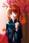 absurdres autumn autumn_leaves bag bangs blue_coat blue_scarf blurry blurry_background blurry_foreground brown_eyes brown_hair casual clenched_hand closed_mouth coat commentary da-dang day depth_of_field english_commentary eyebrows_visible_through_hair fringe_trim girls_und_panzer highres long_sleeves looking_at_viewer nishizumi_miho open_clothes open_coat outdoors satchel scarf short_hair smile solo standing toggles upper_body 