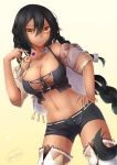  absurdres azur_lane bare_shoulders black_hair braid breasts brown_eyes commentary_request cowboy_shot crop_top dark_skin dutch_angle feathers hair_between_eyes hair_feathers hair_ornament highres jewelry large_breasts long_hair looking_at_viewer midriff mofu_cat001 native_american navel necklace solo south_dakota_(azur_lane) yellow_background 