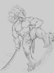  anthro badcoyote clothed clothing digimon digimon_(species) greyscale holding_object holding_weapon mask melee_weapon monochrome muscular samudramon solo standing sword topless weapon 