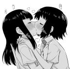  bangs bernard-jou_iwaku. blunt_bangs blush closed_eyes commentary french_kiss greyscale hime_cut kanbayashi_shiori kiss long_hair machida_sawako meis_(terameisu) monochrome multiple_girls necktie school_uniform shirt short_hair short_sleeves sweat yuri 