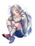  ahoge artist_name blue_shorts cleats crossed_arms dated fubuki_shirou fur_scarf grey_hair inazuma_eleven inazuma_eleven_(series) interitio kneehighs long_sleeves male_focus scarf shorts silver_eyes sitting snowflakes thick_eyebrows white_legwear white_scarf 