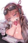  anparu blue_eyes breast_press breasts cleavage condom condom_in_mouth eyewear_on_head girls_frontline hair_ribbon headset heart heart-shaped_pupils highres kalina_(girls_frontline) looking_at_viewer mouth_hold red_hair ribbon solo steam sweat symbol-shaped_pupils upper_body 