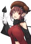  :d bangs bare_shoulders black_scarf blush breasts brown_hair brown_hat commentary_request demon_girl demon_tail dress eyebrows_visible_through_hair gloves hair_between_eyes hand_up hat highres horns_through_headwear long_hair long_sleeves looking_at_viewer medium_breasts open_mouth original red_dress red_eyes scarf shoulder_cutout simple_background smile solo tail tail_raised upper_body white_background white_gloves wide_sleeves yappen 