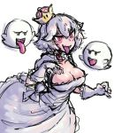  1girl boo breasts cleavage collarbone dress elbow_gloves eyebrows_visible_through_hair genkillua gloves large_breasts mario_(series) new_super_mario_bros._u_deluxe nintendo open_mouth princess_king_boo red_eyes short_hair silver_hair simple_background smile super_crown tongue tongue_out white_background white_dress white_gloves 