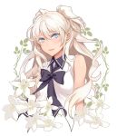  :d bad_id bad_pixiv_id black_bow blue_eyes bow bowtie cropped_torso dark_skin ddaomphyo eyebrows_visible_through_hair floating_hair flower hair_between_eyes lily_(flower) long_hair looking_at_viewer open_mouth original shirt silver_hair sleeveless sleeveless_shirt smile solo two_side_up upper_body very_long_hair white_background white_flower white_shirt 