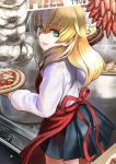  abazu-red anzio_school_uniform apron bangs black_skirt blonde_hair carpaccio commentary cowboy_shot dress_shirt english eyebrows_visible_through_hair food from_behind garlic girls_und_panzer green_eyes holding holding_food lips long_hair long_sleeves looking_at_viewer looking_back miniskirt no_legwear parted_lips pepper pizza pleated_skirt red_apron school_uniform shirt skirt smile solo standing stove white_shirt 
