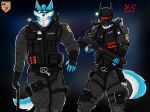  2018 5_fingers blue_fur blue_tail brothers bulletproof_vest canine clothing deucario_(yeison99) duo eyewear fur goggles gun hacal_(yeison99) handgun hi_res holding_object holding_weapon mammal mask military military_uniform multicolored_fur pistol police ranged_weapon shotgun sibling simple_background special_forces two_tone_fur two_tone_tail uniform weapon white_fur white_tail wolf yeison99 