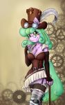  anthro armwear breasts cane cleavage clothed clothing curly_hair elbow_gloves fan_character feathers female gloves hair hat hi_res legwear mechanical_leg my_little_pony shamziwhite smile standing steampunk stockings 