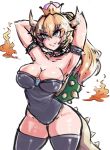  1girl arms_behind_head black_legwear black_leotard blonde_hair blue_eyes bowsette breasts cleavage closed_mouth collar earrings eyebrows_visible_through_hair fang fire genkillua horns impossible_clothes jewelry large_breasts leotard long_hair mario_(series) new_super_mario_bros._u_deluxe nintendo pointy_ears simple_background smile solo spiked_armlet spiked_collar spiked_shell spiked_tail spikes standing strapless super_crown thighhighs turtle_shell white_background 