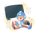  android blush capcom closed_eyes controller game_console game_controller handheld_game_console harvest88 helmet joy-con male_focus nintendo nintendo_switch open_mouth playing_games robot rockman rockman_(character) rockman_(classic) rockman_11 simple_background smile solo translation_request 