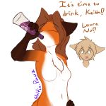  2018 alcohol anthro basitin beverage biped bottle breasts canine chest_tuft dialogue drinking english_text eyebrows eyes_closed featureless_breasts female fox hair holding_object humanoid_hands keidran keith_keiser laura_(twokinds) long_hair male mammal navel nude signature simple_background solo_focus standing text tuft twokinds white_background wolfie-pawz 
