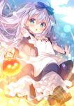  :o \||/ ahoge apron bangs black_bow black_dress blue_eyes blurry blush bokeh bow chestnut_mouth cloud commentary depth_of_field dress full_moon gochuumon_wa_usagi_desu_ka? hair_bow hair_ornament halloween happy_halloween holding_lantern jack-o'-lantern kafuu_chino lantern lavender_hair long_hair mitsumomo_mamu moon outstretched_arms pantyhose petticoat purple_footwear short_sleeves solo spread_arms striped striped_legwear vertical-striped_legwear vertical_stripes white_apron wrist_cuffs x_hair_ornament 