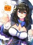  animal_ears animal_hood bangs black_hair blue_bow blue_eyes blue_ribbon blush bow breasts brooch capelet cat_ears cleavage commentary_request corset crescent crescent_moon_pin cross-laced_clothes diadem e-co frills hair_between_eyes halloween hand_up hood idolmaster idolmaster_cinderella_girls jack-o'-lantern jewelry large_breasts long_hair long_sleeves looking_at_viewer open_mouth paw_pose ribbon sagisawa_fumika simple_background smile solo underbust white_background 