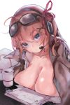  anparu blue_eyes breast_press breasts cleavage commentary_request eyewear_on_head girls_frontline hair_ribbon headset highres kalina_(girls_frontline) korean_commentary looking_at_viewer red_hair ribbon solo sweat upper_body 