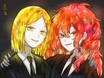  absurdres androgynous blonde_hair colored_eyelashes eyes_visible_through_hair gem_uniform_(houseki_no_kuni) hand_on_another's_shoulder highres houseki_no_kuni kokemaru_(12tama02) long_hair looking_at_viewer multiple_others necktie padparadscha_(houseki_no_kuni) red_eyes red_hair short_hair smile upper_body wavy_hair white_skin yellow_diamond_(houseki_no_kuni) yellow_eyes 