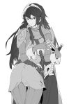  blush cape falchion_(fire_emblem) fingerless_gloves fire_emblem fire_emblem:_kakusei gloves greyscale highres long_hair looking_at_viewer lucina messatsu_tan monochrome simple_background smile solo tiara 