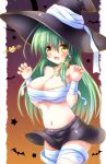  alternate_costume bandages bangs bare_shoulders bat black_moon black_skirt breasts claw_pose cleavage collarbone commentary_request crescent_moon eyebrows_visible_through_hair green_hair hair_between_eyes hair_ornament hat highres kochiya_sanae large_breasts long_hair looking_at_viewer moon navel open_mouth osashin_(osada) outdoors sarashi skirt sky snake_hair_ornament solo star star_(sky) starry_sky touhou witch_hat yellow_eyes 
