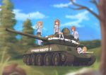  blonde_hair blue_eyes breasts brown_hair caterpillar_tracks cloud commentary day green_eyes ground_vehicle highres kmrd-fanddi long_hair military military_vehicle motor_vehicle mountain multiple_girls necktie original school_uniform short_hair skirt sky smile t-34-85 tank tree world_war_ii 