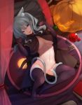  animal_ears belt black_legwear blue_eyes blush breasts cat_ears cat_tail commentary_request eyebrows_visible_through_hair full_body grey_hair halloween halloween_costume happy_halloween highres inushi kantai_collection kashima_(kantai_collection) large_breasts looking_at_viewer lying no_bra no_panties open_mouth pumpkin solo tail thighhighs wavy_hair whiskers 