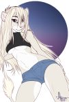  2017 anthro aoree aoree_(aoree) black_clothing blonde_hair blue_clothing blue_eyes breasts clothed clothing crop_top denim_shorts digital_media_(artwork) feline female fur hair hand_on_butt hi_res inner_ear_fluff lion long_hair long_tail looking_at_viewer mammal medium_breasts midriff multicolored_fur navel pink_nose shirt shorts smile solo standing straight_hair tan_fur two_tone_fur under_boob white_fur 