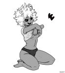  armpit_peek ashido_mina barefoot black_sclera boku_no_hero_academia commentary feet full_body greyscale heart highres horns kneeling lifted_by_self looking_at_viewer monochrome navel nipples no_bra open_mouth panties shirt_lift short_hair short_sleeves simple_background skuddbutt smile solo underwear white_background 