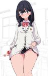  black_hair black_skirt blue_eyes blush breasts cardigan chair classroom eyebrows_visible_through_hair long_hair looking_at_viewer miniskirt nagiyamasugi panties pleated_skirt red_neckwear scarf simple_background skirt skirt_lift solo ssss.gridman table takarada_rikka underwear white_background white_panties 