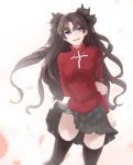  :d arm_behind_back bad_id bad_pixiv_id black_bow black_legwear black_skirt blue_eyes bow brown_hair ddaomphyo eyebrows_visible_through_hair fate/stay_night fate_(series) floating_hair hair_between_eyes hair_bow long_hair long_sleeves looking_at_viewer miniskirt open_mouth pleated_skirt red_sweater simple_background skirt skirt_lift smile solo standing sweater thighhighs toosaka_rin very_long_hair white_background wind wind_lift zettai_ryouiki 