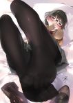  ama_mitsuki ass bangs black_footwear black_hair black_legwear blush brown_eyes cardigan_vest convenient_leg covering_mouth feet foreshortening glasses grey_skirt head_tilt highres indoors knees_up loafers looking_at_viewer lying miniskirt on_back on_bed original pantyhose pillow red_neckwear scan shirt shoes shoes_removed short_hair signature skirt solo white_shirt 