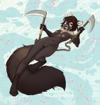  2018 4_toes anthro antiroo areola blades breasts brown_eyes brown_hair chest_tuft claws clitoris digital_media_(artwork) eyewear fangs female fur glasses hair kamaitachi kyra_sable looking_at_viewer nude paws pussy sable solo toes tuft weapon 