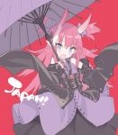  :d alternate_costume bangs bare_shoulders black_skirt blade_(galaxist) blue_eyes blush commentary detached_sleeves elizabeth_bathory_(fate) elizabeth_bathory_(fate)_(all) eyebrows_visible_through_hair fang fate/extra fate/extra_ccc fate/grand_order fate_(series) hair_between_eyes hair_ribbon head_tilt holding holding_umbrella horns long_hair long_sleeves looking_at_viewer multicolored_hair open_mouth pink_hair purple_ribbon purple_umbrella red_background ribbon simple_background skirt sleeveless sleeves_past_wrists smile solo streaked_hair two_side_up umbrella v-shaped_eyebrows very_long_hair white_hair wide_sleeves 