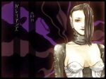  1girl armor black_eyes black_hair breastplate breasts galerians galerians:_ash gloves hair_over_eyes nitro_(galerians) ponytail purple sho-u_tajima silver_lips solo text_focus 