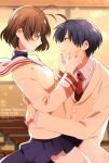  1girl antenna_hair beige_blazer blazer blue_eyes blue_hair brown_eyes brown_hair clannad couple cowboy_shot dated furukawa_nagisa happy_birthday hetero highres hikarizaka_private_high_school_uniform jacket necktie okazaki_tomoya red_neckwear sailor_collar short_hair takumi_(scya) white_sailor_collar 