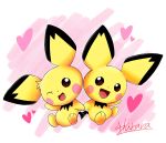  &lt;3 2018 3_toes ambiguous_gender black_nose brown_eyes duo fur hand_holding harara head_tuft hi_res nintendo one_eye_closed open_mouth open_smile pichu pichu_big pichu_little pink_background pink_cheeks pok&eacute;mon pok&eacute;mon_(species) signature simple_background smile toes tuft video_games wink yellow_fur 